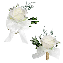 CRASPIRE 2PCS Flower Wrist Corsage Wedding Corsage Pearl Bracelet Silk Ribbon Bow White Artificial Flower Wrist Boutonniere Buttonholes Bridesmaid Flower Wrists Wedding Flowers Accessories