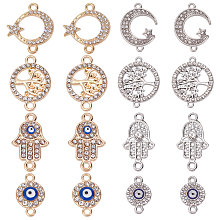 SUNNYCLUE 32Pcs 8 Styles Alloy Crystal Rhinestone Connector Charms, Ring & Moon & Evil Eye & Hamsa Hand, Mixed Shapes, Mixed Color, 8~29.5x11~25x2~4mm, Hole: 1mm, 4pcs/style