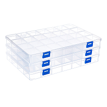 BENECREAT 3Pcs Rectangle PP Plastic Bead Storage Container, 28 Compartment Organizer Boxes, with Hinged Lid, for Small Parts, Hardware and Craft, Clear, 28.5x20x3cm