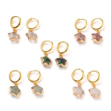 Honeyhandy Brass Huggie Hoop Earrings, with Natural Gemstone Star Pendants, Golden, 30x14x6mm, Pin: 1mm