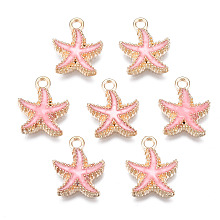 Honeyhandy Alloy Enamel Pendants, Starfish, Light Gold, Pink, 18x15x3mm, Hole: 2.5mm