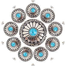 Gorgecraft 10Pcs 1-Hole Alloy & Turquoise Buttons, Flat Round with Sunflowers Pattern, for DIY Luggage and Hardware Accessaries, Platinum, 30x10.3~10.8mm, Hole: 2.5mm, 10pcs/box