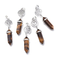 Honeyhandy Natural Tiger Eye Pointed Big Pendants, Double Terminated Pointed, with Platinum Plated Brass Findings, Faceted, Bullet, 59~67x14~15mm, Hole: 7x5mm, Gemstone: 41~44x8mm