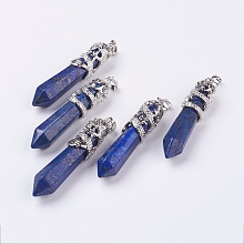 Honeyhandy Natural Lapis Lazuli Big Pointed Pendants, with Alloy Findings, Faceted, Bullet, Platinum, 59~63x11~12mm, Hole: 4x7mm