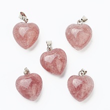 Honeyhandy Natural Strawberry Quartz Pendants, with Platinum Brass Loops, Heart, 18~19x15~15.5x7.5~10mm, Hole: 6x2.5~3mm