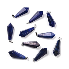 Honeyhandy Natural Lapis Lazuli Pointed Pendants, with Platinum Plated Brass Loops, Bullet, 35.3~38x13~14mm, Hole: 6.5x2.8mm