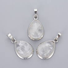 Honeyhandy Natural Quartz Crystal Pendants, with Brass Findings, teardrop, Platinum, 26x16~17x8~10mm, Hole: 8x5mm