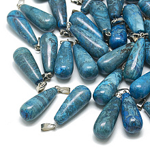 Honeyhandy Dyed Natural Blue Agate Pendants, with Stainless Steel Snap On Bails, teardrop, 28~30x10~12mm, Hole: 6x4mm