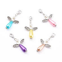 Honeyhandy Imitation Pearl Acrylic Pendants, Antique Silver Heart Beads, with Platinum Alloy Lobster Claw Clasps, Angel & Wings, Mixed Color, 34x23.5x7.5mm, Hole: 4x5mm