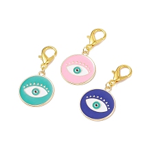 Honeyhandy Alloy Enamel Evil Eye Pendant Decorations, with Alloy Lobster Claw Clasps, Clip-on Charms, for Keychain, Purse, Backpack Ornament, Stitch Marker, Flat Round, Mixed Color, 51mm