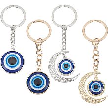 Arricraft 4 Pcs Evil Eye Keychain, 2 Styles 2 Colors Evil Eye Protection Charm Flat Round & Moons Good Luck Charm Keychain with Alloy Findings for Purse Bag Decoration