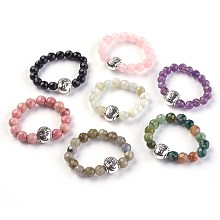 Honeyhandy Natural Gemstone Stretch Rings, with Alloy Buddha Beads, Faceted, Round, Antique Silver, Size 8, 18mm