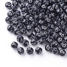 Honeyhandy Craft Style Acrylic Beads, Round with Cross, Black, 8mm, Hole: 2mm, about 2000pcs/500g