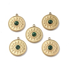 Honeyhandy Vacuum Plating 201 Stainless Steel Synthetic Malachite Pendants, Real 18K Gold Plated, Flat Round with Eye Charms, 18.5x16x4mm, Hole: 1.6mm