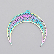 Honeyhandy Ion Plating(IP) 201 Stainless Steel Pendants, Laser Cut, Moon, Rainbow Color, 31x34x1mm, Hole: 1.6mm