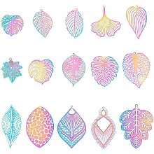 UNICRAFTALE 30pcs 15 Styles Multi-Color Leaf Charms Stainless Steel Filigree Pendants Etched Metal Embellishments Rainbow Color Pendants for Jewelry Making DIY