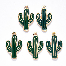 Honeyhandy Alloy Enamel Pendants, Cactus, Light Gold, Dark Green, 25.5x15x1.5mm, Hole: 1.8mm