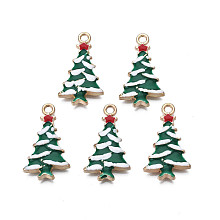 Honeyhandy Rack Plating Alloy Enamel Pendants, Cadmium Free & Nickel Free & Lead Free, Light Gold, Christmas Tree, Dark Green, 26x15x3mm, Hole: 2mm