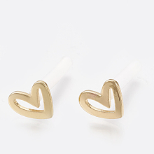 Honeyhandy Brass Stud Earrings, Real 18K Gold Plated, with Raw(Unplated) Silver Pins and Plastic Protector, Heart, 7.5x9mm, Pin: 0.7mm