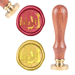 CRASPIRE DIY Scrapbook, Brass Wax Seal Stamp, with Natural Rosewood Handle, Forest with Deer Pattern, 25mm