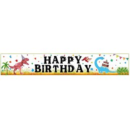 FINGERINSPIRE 118x20inch Birthday Banner with Hanging Rope Black Happy Birthday Words Party Supplies White Rectangle Polyester Hanging Sign with Dinosaur Pattern for Outdoor & Indoor Decor