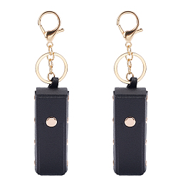 WADORN 2Pcs PU Leather Lipstick Storage Bags Keychain, Portable Lip Balm Organizer Holder for Women Ladies, with Light Gold Tone Alloy Key Ring, Rectangle, Black, 9x3.2x2.9cm