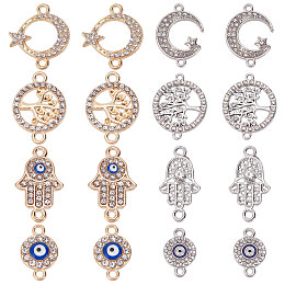 SUNNYCLUE 32Pcs 8 Styles Alloy Crystal Rhinestone Connector Charms, Ring & Moon & Evil Eye & Hamsa Hand, Mixed Shapes, Mixed Color, 8~29.5x11~25x2~4mm, Hole: 1mm, 4pcs/style