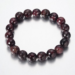 Honeyhandy Faceted Natural Garnet Round Bead Stretch Bracelets, 53mm