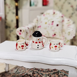 Honeyhandy Christmas Snowman Mini Ceramic Tea Sets, including Teacup, Teapot, Miniature Ornaments, Micro Landscape Garden Dollhouse Accessories, Pretending Prop Decorations, White, 8~17x8~17mm, 3pcs/set