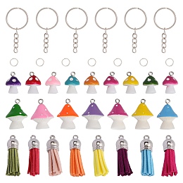 CHGCRAFT DIY Keychain Making Kit, Including Resin Mushroom & Faux Suede Tassel Pendants, Iron Split Key Rings, Mixed Color, 64Pcs/bag