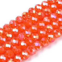 Honeyhandy Electroplate Glass Beads Strands, Opaque Solid Color, AB Color Plated, Faceted, Rondelle, Orange Red, 4x3mm, Hole: 0.4mm, about 123~127pcs/strand, 16.5~16.9 inch(42~43cm)