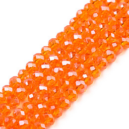 Honeyhandy Electroplate Glass Beads Strands, Pearl Luster Plated, Faceted, Rondelle, Coral, 4x3mm, Hole: 0.4mm, about 123~127pcs/strand, 16.5~16.9 inch(42~43cm)