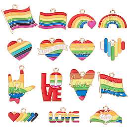 SUNNYCLUE 60Pcs 15 Style Rainbow Color Alloy Enamel Pendants, Mixed Shapes, Light Gold, Colorful, 10~28.5x15~22.5x1~1.5mm, Hole: 1.5~1.8mm, 4pcs/style