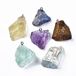 Honeyhandy Natural Mixed Gemstone Pendants, Rough Raw Stone, with 304 Stainless Steel Loops, Nuggets, 25~45x20~31x10~20mm, Hole: 2mm