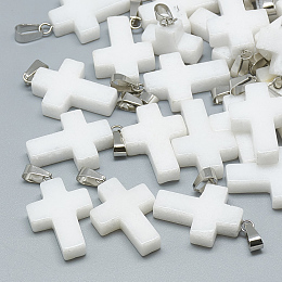 Honeyhandy Natural White Jade Pendants, with Stainless Steel Snap On Bails, Cross, 29~30x18~19x5~6mm, Hole: 6x4mm