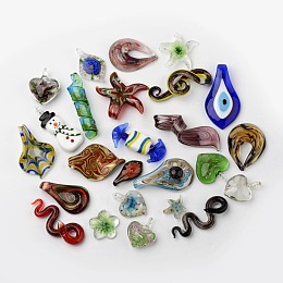 Mixed Shape Handmade Lampwork Pendants, Mixed Color, 40~75x25~40x4~15mm, Hole: 7~10mm