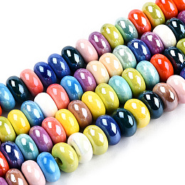 Honeyhandy Handmade Porcelain Bead Strands, Bright Glazed Porcelain, Flat Round, Mixed Color, 9.5x5mm, Hole: 2.5mm, about 60pcs/strand, 11.50 inch(29.2cm)