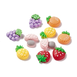 Honeyhandy Opaque Resin Cabochons, Imitation Food, DIY Accessories, Strawberry & Grape & Pineapple & Orange & Mushroom, Mixed Color, 20~22x15~18x6~7mm