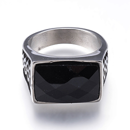 Honeyhandy 304 Stainless Steel Wide Band Rings, with Natural Black Agate, Rectangle, Antique Silver, Size 8~12, 18~22mm