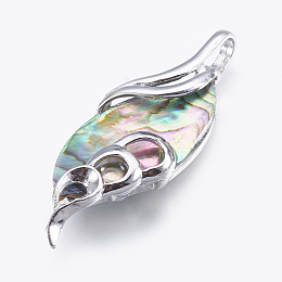 Honeyhandy Abalone Shell/Paua Shell Big Pendants, with Brass Findings, Leaf, Platinum, 46.5x18x7mm, Hole: 4x5.5mm