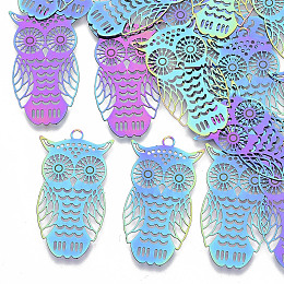 Honeyhandy Ion Plating(IP) 201 Stainless Steel Filigree Pendants, Etched Metal Embellishments,  Owl, Rainbow Color, 36x20x0.3mm, Hole: 1.8mm