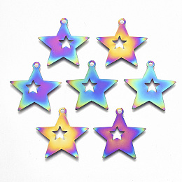 Honeyhandy Ion Plating(IP) 201 Stainless Steel Pendants, Etched Metal Embellishments, Star, Rainbow Color, 26x26x0.3mm, Hole: 1.8mm