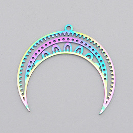 Honeyhandy Ion Plating(IP) 201 Stainless Steel Pendants, Laser Cut, Moon, Rainbow Color, 31x34x1mm, Hole: 1.6mm