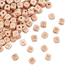 OLYCRAFT 130Pcs 12mm Alphabet Wooden Beads Natural Cube Wooden Beads Wooden Large Hole Beads with Initial Letter A to Z for Jewelry Making and DIY Crafts