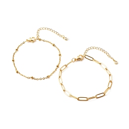 Honeyhandy 304 Stainless Steel Paperclip & Satellite Chains Bracelet Set, Golden, 7-1/2 inch(19cm), 2pcs/set