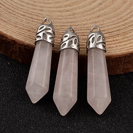 Honeyhandy Bullet Natural Rose Quartz Pendants, with Platinum Tone Alloy Findings, 33~40x8~10mm, Hole: 3x2mm