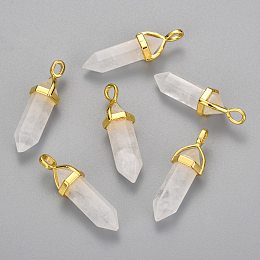 Honeyhandy Natural Quartz Crystal Double Terminated Pointed Pendants, with Random Alloy Pendant Hexagon Bead Cap Bails, Golden, Bullet, 37~40x12.5x10mm, Hole: 3x4.5mm