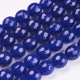 Honeyhandy Natural White Jade Gemstone Beads, Faceted Round, Blue, about 8mm in diameter, hole: 1mm, 49 pcs/Strand, Dyed, 15.5 inch