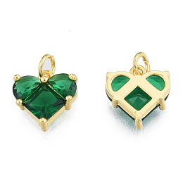 Honeyhandy Glass Charms, with Jump Rings and Brass Findings, Real 18K Gold Plated, Nickel Free, Heart, Green, 12x12x4mm, Hole: 3mm