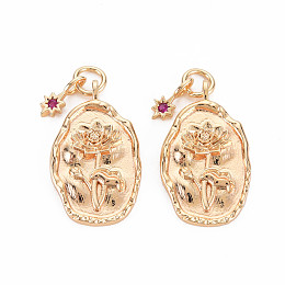 Honeyhandy Brass Ruby Rhinestone Pendants, Birth Flower Charms, Nickel Free, Oval with Star, Real 18K Gold Plated, July Water Lily, 23x13x2mm, Hole: 3mm, Star: 9x4x1mm